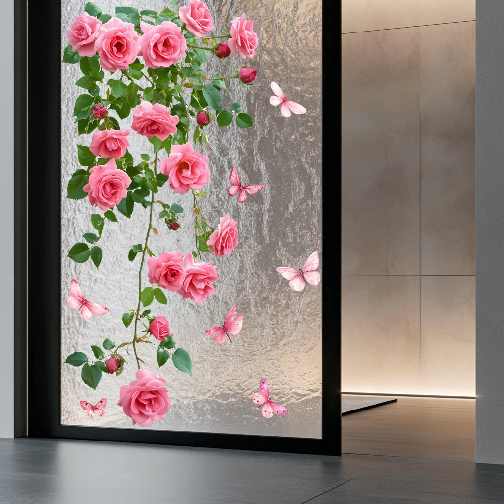 Pink Rose and Butterfly Window Decal | Home Decor displayed in room decor by HomeDecorDecals.