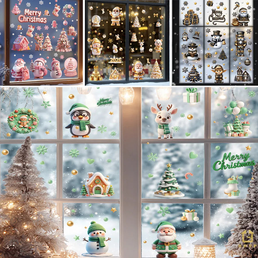 9 sheets/set Green Christmas Window Clings With Santa Penguin Reindeer Tree Static Cling Stickers For Kids' Room Window-HomeDecorDecals_com