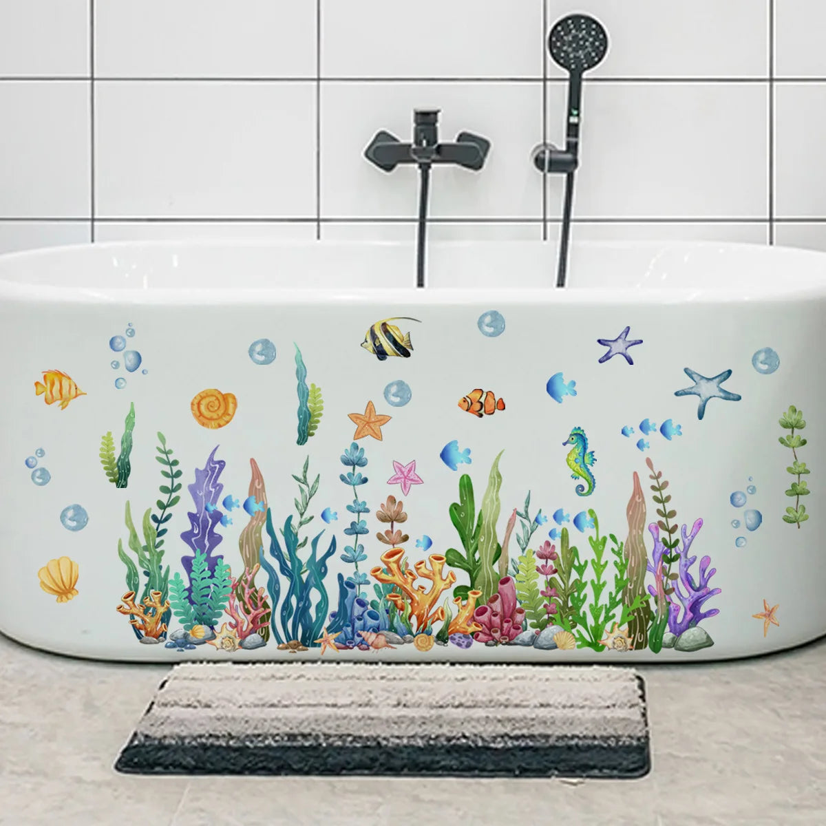 Ocean Sea Animals Fishes and Seaweed Coral Bathtub Sticker for Nursery Bathroom Shower Background Wall Self-Adhesive Decoration-HomeDecorDecals_com