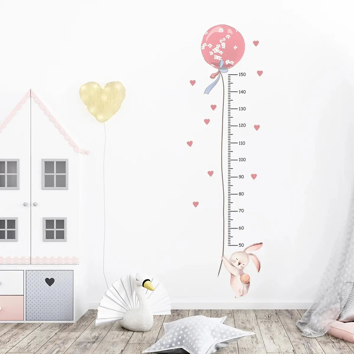 2Pcs Cartoon Cute Pink Rabbit Balloon Height Measurement Wall Stickers for Kids Room Bedroom Home Decoration Wall Decals-HomeDecorDecals_com