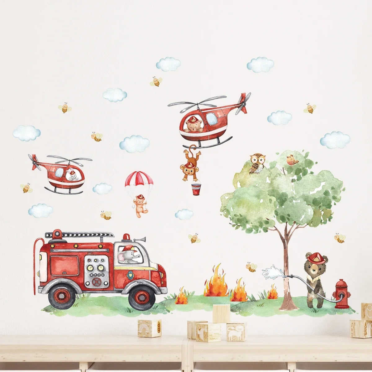 Cartoon A GrouCartoon Animal Fireman Helicopter Fire Truck Wall Stickers for Kids Room Bedroom Nursery Decoration Wall Decals-HomeDecorDecals_com