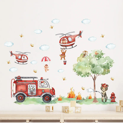 Cartoon A GrouCartoon Animal Fireman Helicopter Fire Truck Wall Stickers for Kids Room Bedroom Nursery Decoration Wall Decals-HomeDecorDecals_com