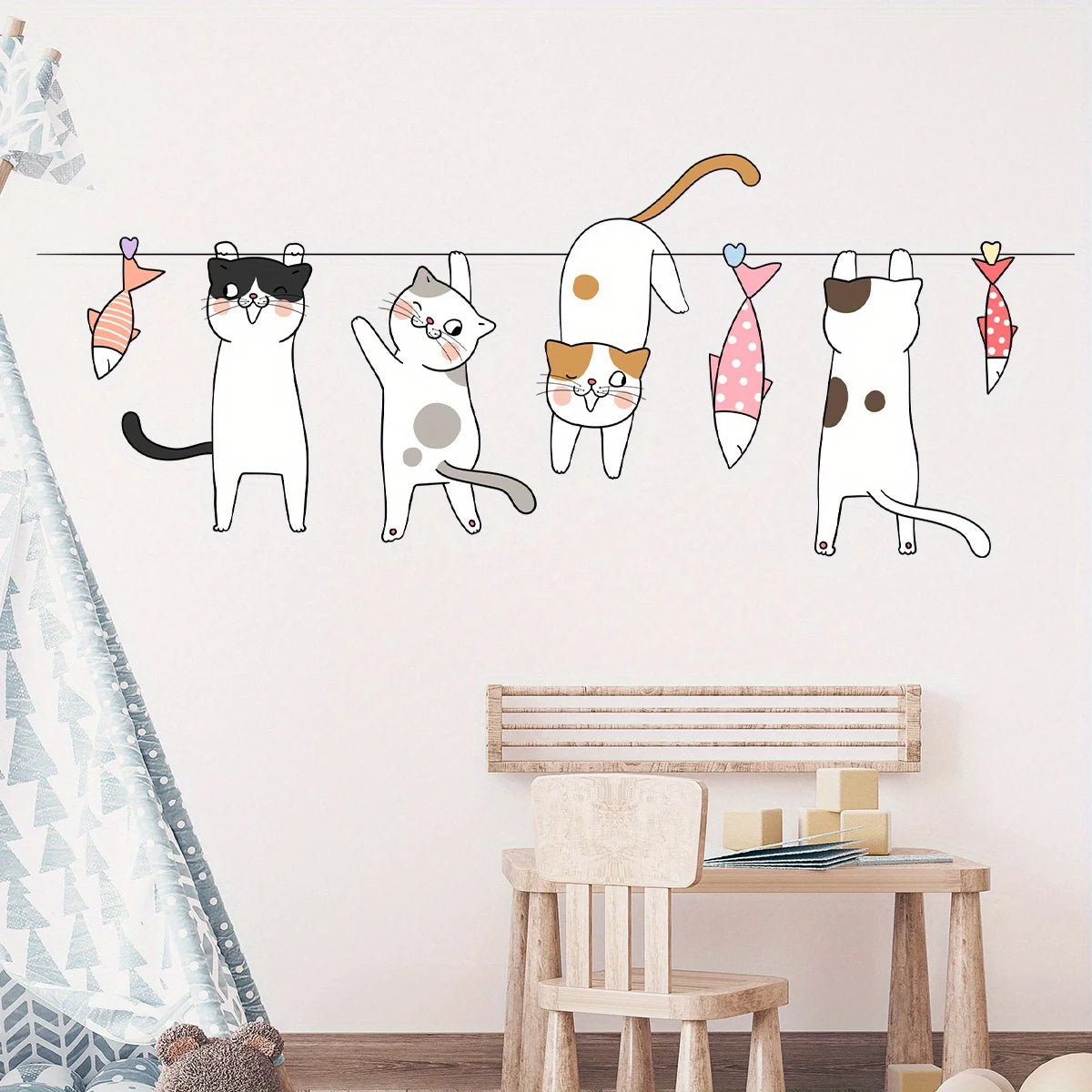 Cute Catfish Clothesline Wall Decal for Kids-HomeDecorDecals_com