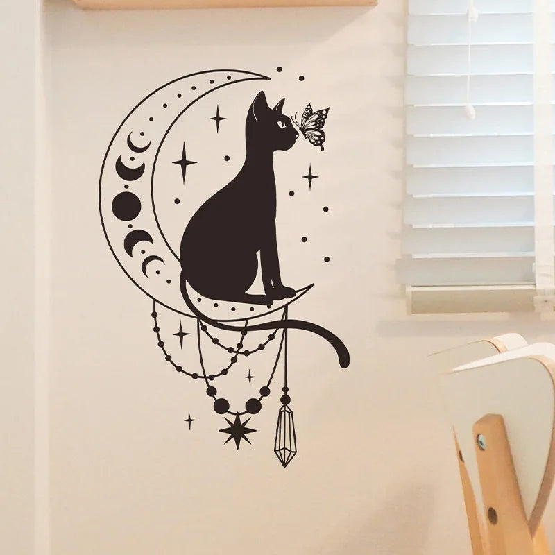 Close-up view of Cartoon Cat Butterfly and Moon Wall Decal | Room Decor by HomeDecorDecals.