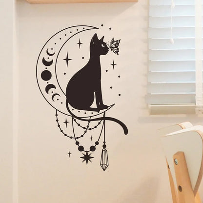 Close-up view of Cartoon Cat Butterfly and Moon Wall Decal | Room Decor by HomeDecorDecals.