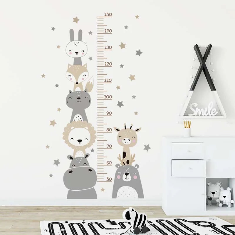Cartoon Smile Animals Bear Lion Deer Hippo Stars Height Ruller Wall Stickers for Kids Room Boy Girl Room Nursery Wall Decals pvc-HomeDecorDecals_com