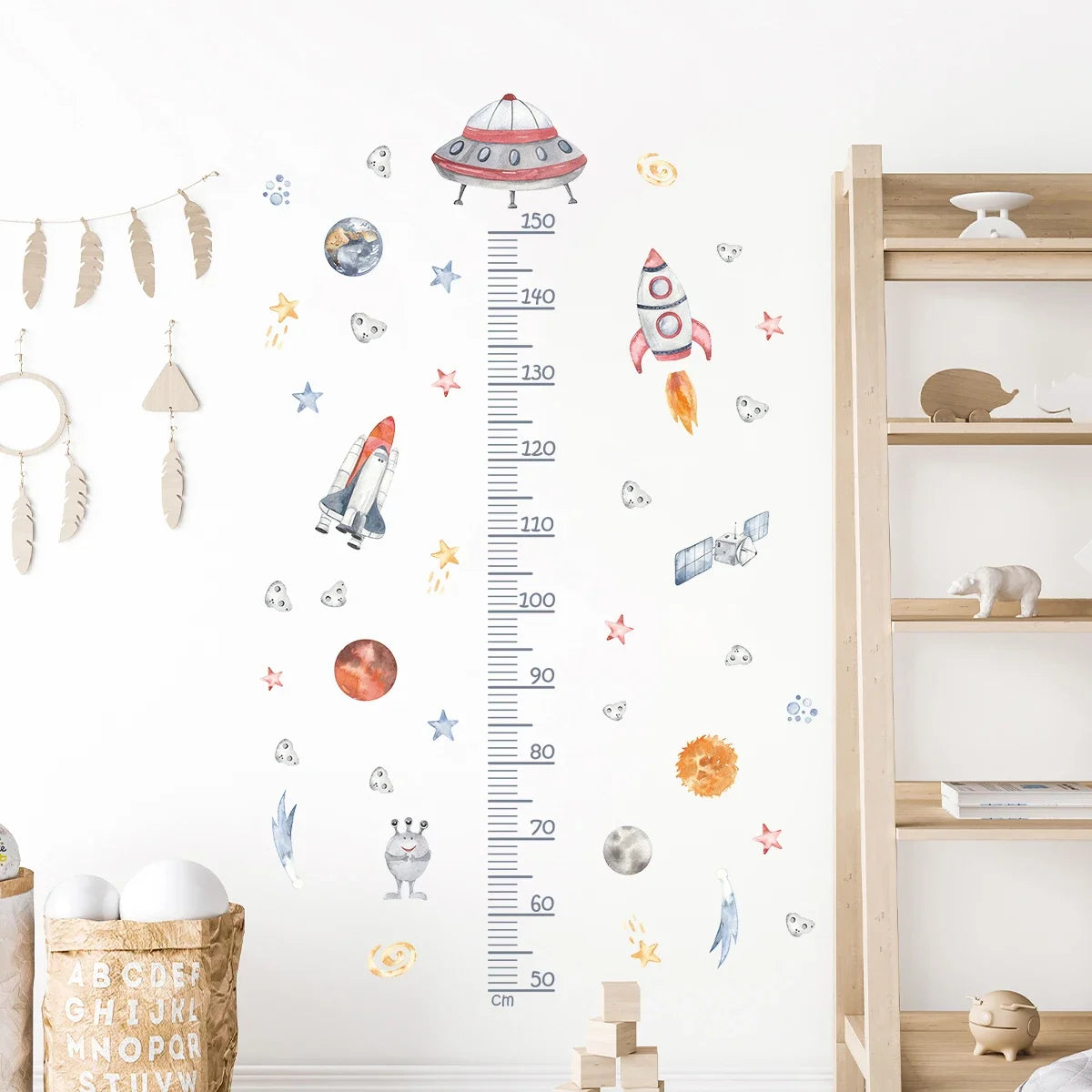 Cartoon Planet Airship Rocket Height Sticker for Wall Living Room Decoration Bedroom Kids Room Home Decor Accessories Wall Decal-HomeDecorDecals_com