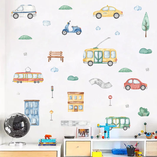 Cartoon Tree Bus and Car Wall Decal | Kids Room Decor removable peel and stick wall decal by HomeDecorDecals.