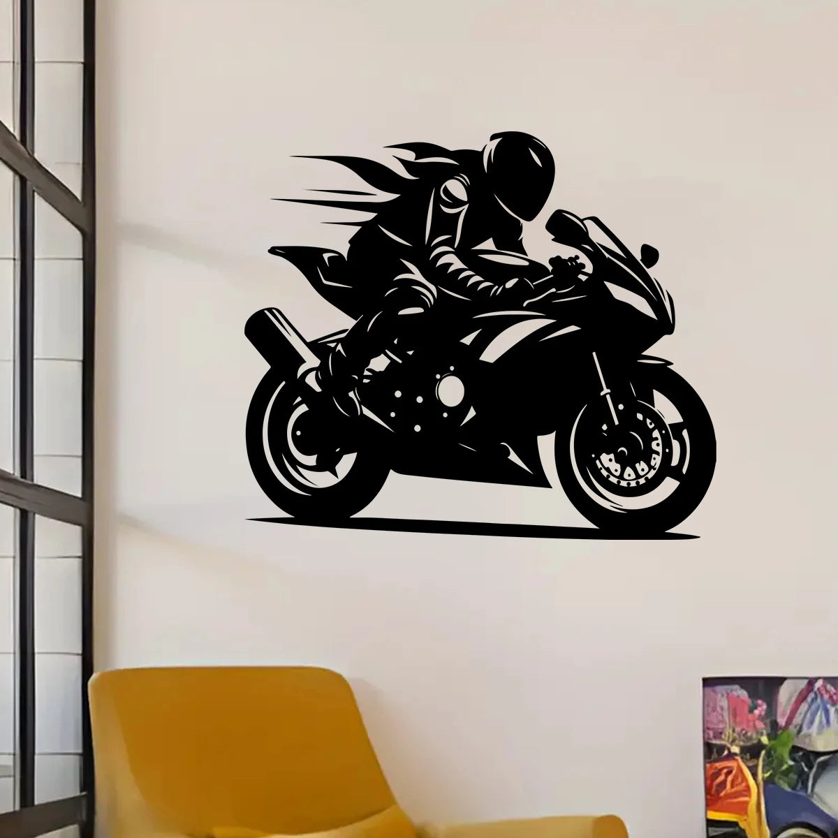 Close-up view of Motorcycle Rider Silhouette Wall Decal | Room Decor by HomeDecorDecals.