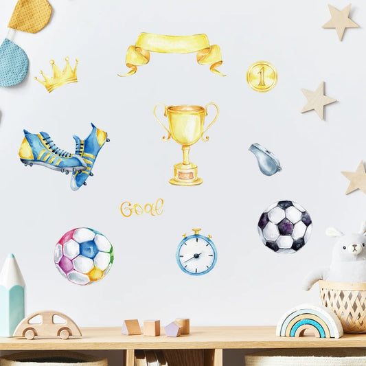 Watercolor Football Game Elements Prize Cup Soccer Wall Stickers for Kids Room Baby Nursery Room Wall Decals Play Room Decor PVC-HomeDecorDecals_com