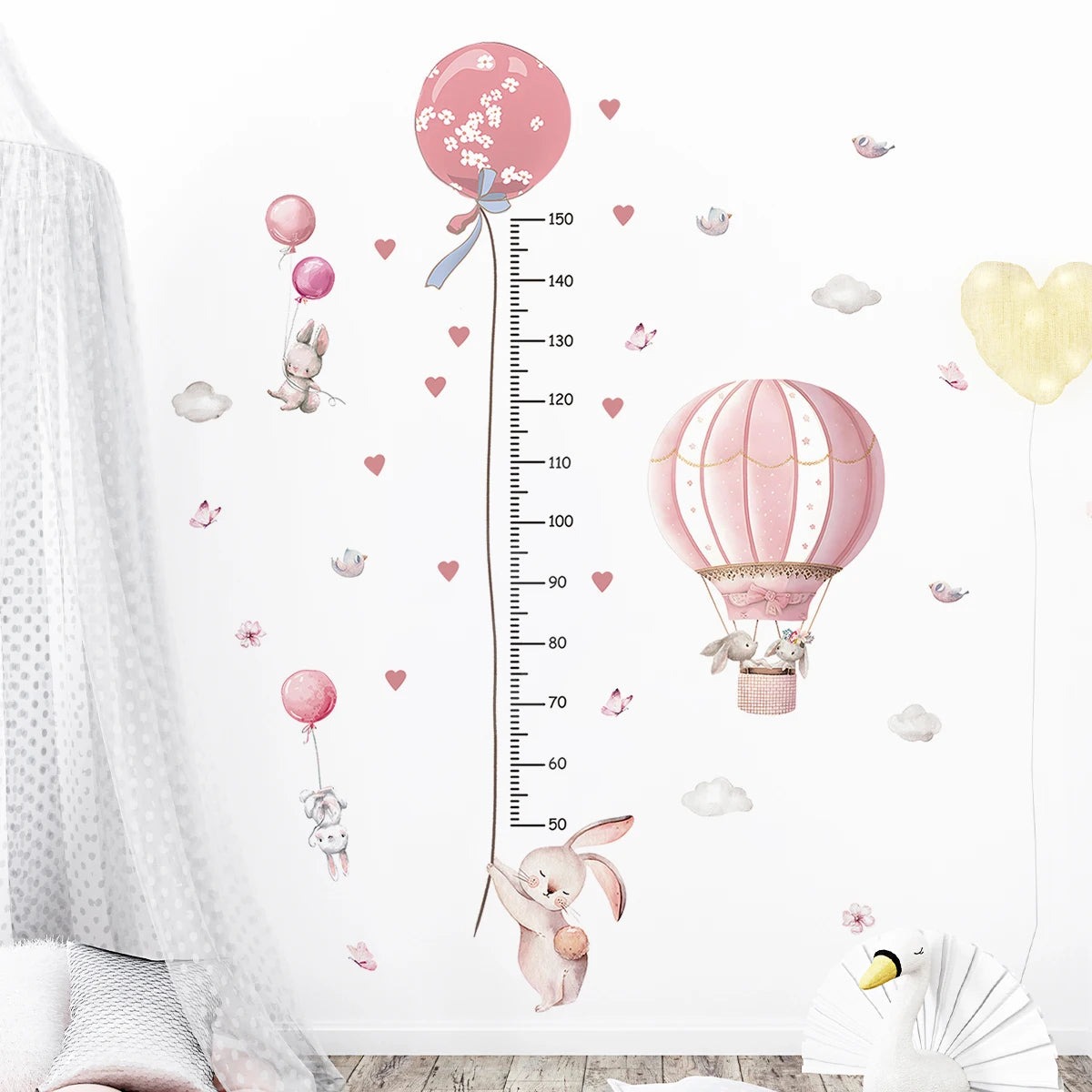 2Pcs Cartoon Cute Pink Rabbit Balloon Height Measurement Wall Stickers for Kids Room Bedroom Home Decoration Wall Decals-HomeDecorDecals_com