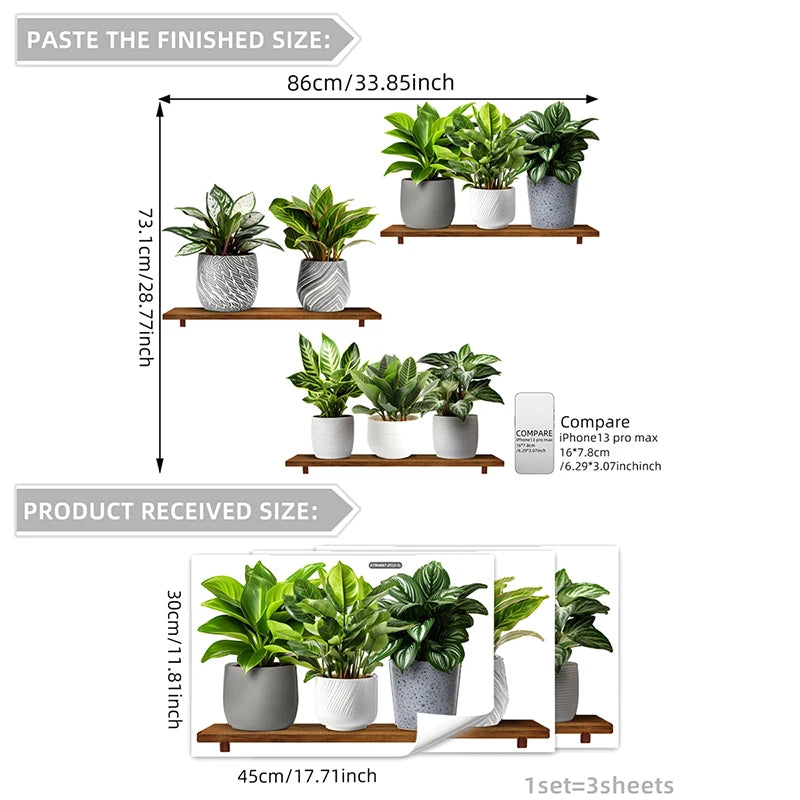 3Pcs/Set Fake Green Plants Potted Plant 3D Wall Stickers Waterproof Self Adhesive Decals Living Room Study Office Decor-HomeDecorDecals_com