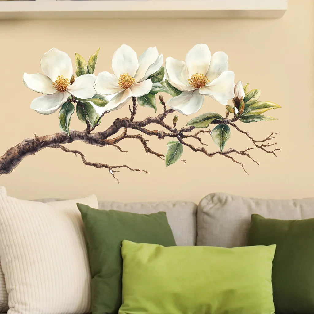 Close-up view of Elegant White Magnolia Blossom Wall Decal | Home Decor by HomeDecorDecals.