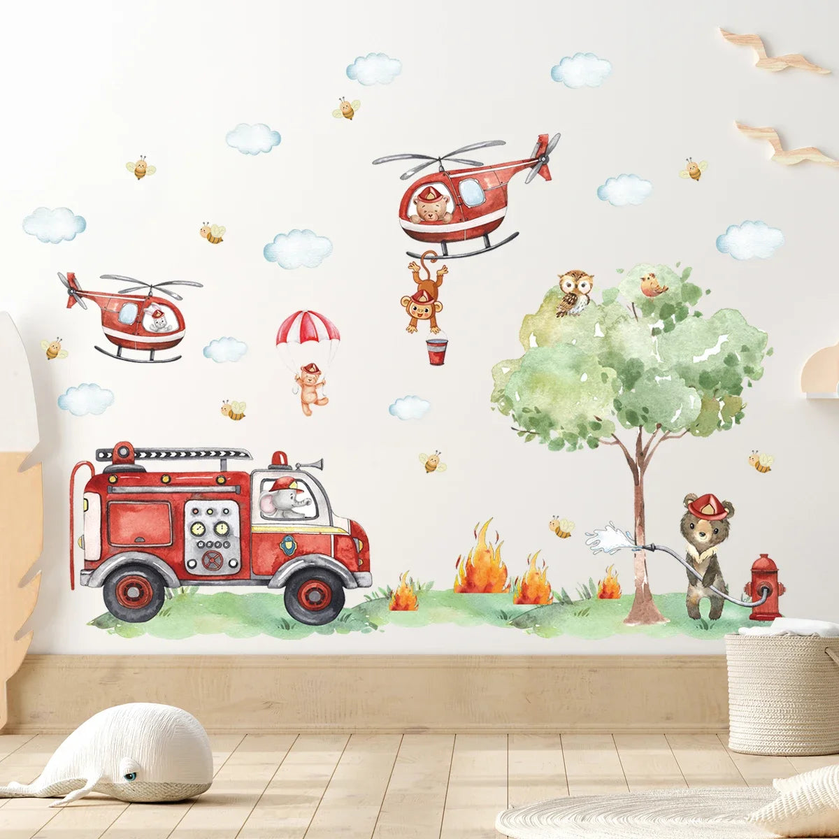 Cartoon A GrouCartoon Animal Fireman Helicopter Fire Truck Wall Stickers for Kids Room Bedroom Nursery Decoration Wall Decals-HomeDecorDecals_com