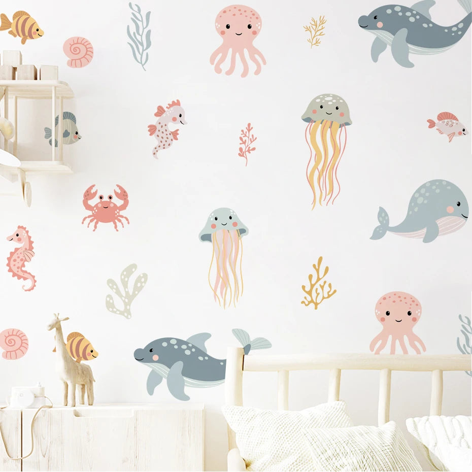 Watercolor Cartoon Ocean Fish Animal Wall Sticker Living Room Bedroom Sea Life Beach Landscape Wall Decal Home Decor-HomeDecorDecals_com