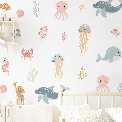 Watercolor Cartoon Ocean Fish Animal Wall Sticker Living Room Bedroom Sea Life Beach Landscape Wall Decal Home Decor-HomeDecorDecals_com