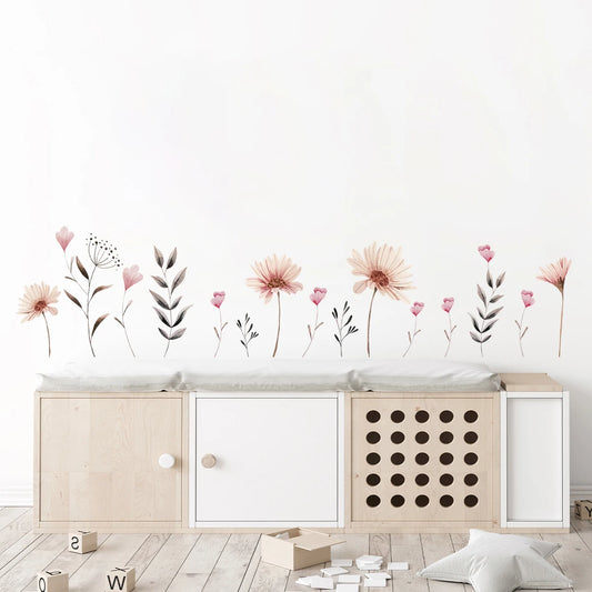 Pink Boho Flower Leaves Wall Decal | Kids Room Decor removable peel and stick wall decal by HomeDecorDecals.