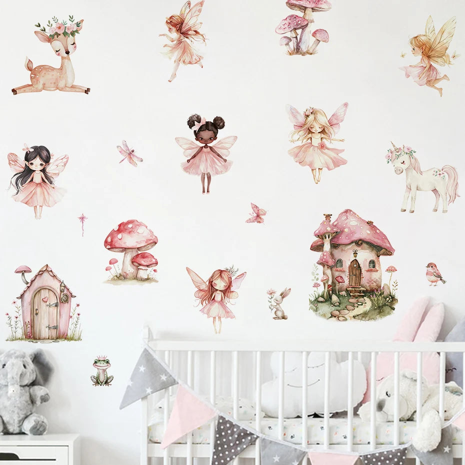 Cartoon Cute Fairy Mushroom House Plant Wall Sticker Flower Elves Wall Decals for Kids Room Baby Girl Nursery Room Bedroom Decor-HomeDecorDecals_com