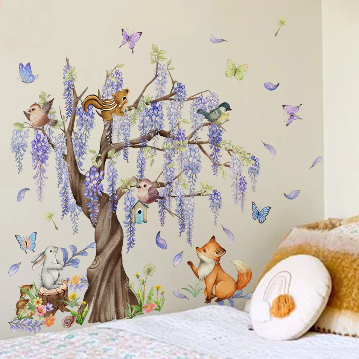 Under the Wisteria Tree Cartoon Animal Wall Stickers Rabbit Fox Butterfly Wall Sticker Children's Room Living Room Home Decals-HomeDecorDecals_com