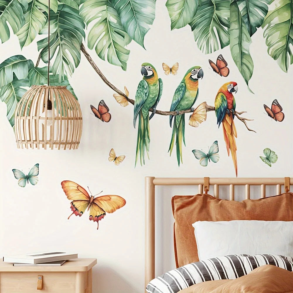 Large Tropical Green Plant Bird Wall Sticker Green Plant Leaves Parrot Butterfly Wall Decal Bedroom Bathroom Kitchen Decor-HomeDecorDecals_com