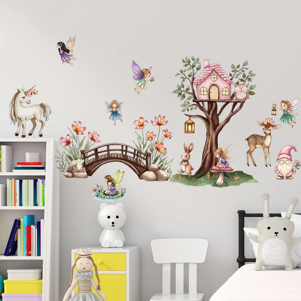 Unicorn Flower Fairy Wall Stickers In The Forest Are Used For Artistic Home Decoration In Baby Daycare And Children's Rooms-HomeDecorDecals_com