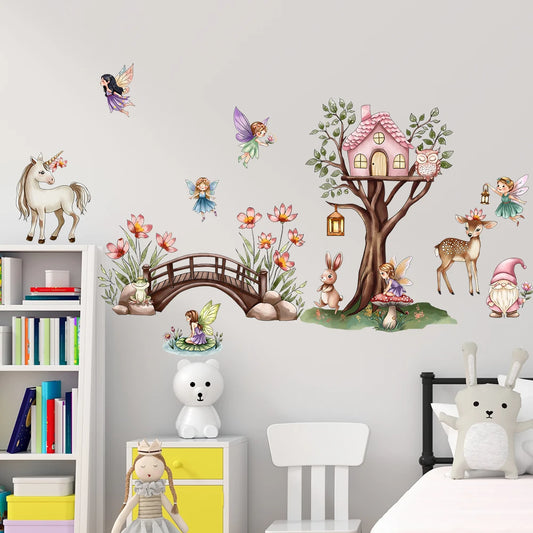 Unicorn Flower Fairy Wall Stickers In The Forest Are Used For Artistic Home Decoration In Baby Daycare And Children's Rooms-HomeDecorDecals_com