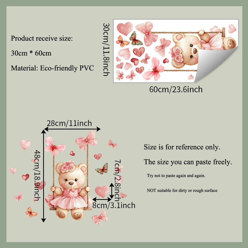 Cartoon Bear Swing Butterfly Wall Stickers Child Room Background Decoration Mural Kids Bedroom Home Decor Self-adhesive Decals-HomeDecorDecals_com