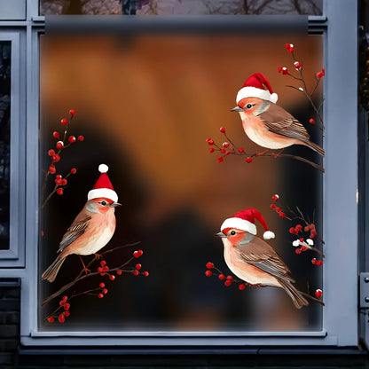 1PC Three Birds in Santa Hats Window Stickers Christmas Theme Red Berry Branches Decorative Wall Stickers for Glass and Window-HomeDecorDecals_com