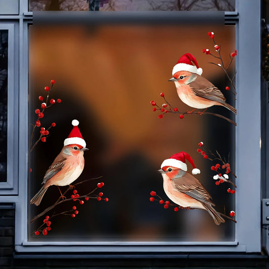 Three Birds in Santa Hats Window Decal | Home Decor removable peel and stick wall decal by HomeDecorDecals.