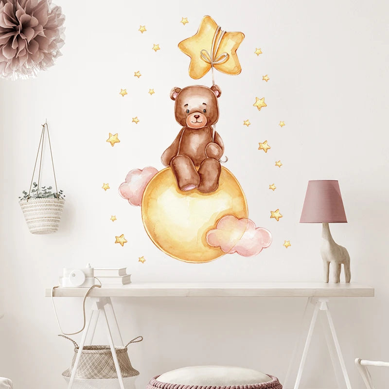 Cartoon Brown Bear Swing on the Moon Wall Stickers Baby Nursery Hand Paint Wall Decals Animals Decorative Stickers Home Decor-HomeDecorDecals_com