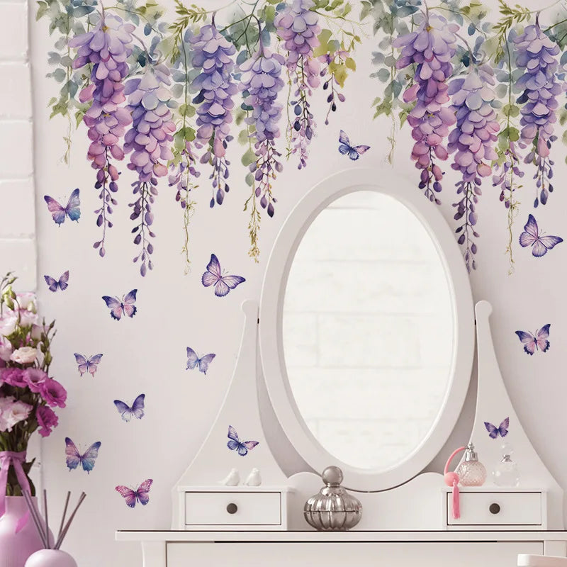 Purple Flower and Butterfly Floral Wall Decal | Home Decor removable peel and stick wall decal by HomeDecorDecals.
