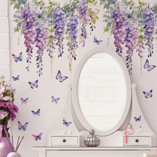 Purple Flower and Butterfly Floral Wall Decal | Home Decor removable peel and stick wall decal by HomeDecorDecals.