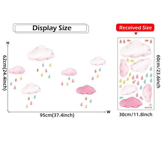 Soft Pink Clouds and Colourful Raindrop Wall Decal | Kids Room Decor removable peel and stick wall decal by HomeDecorDecals.