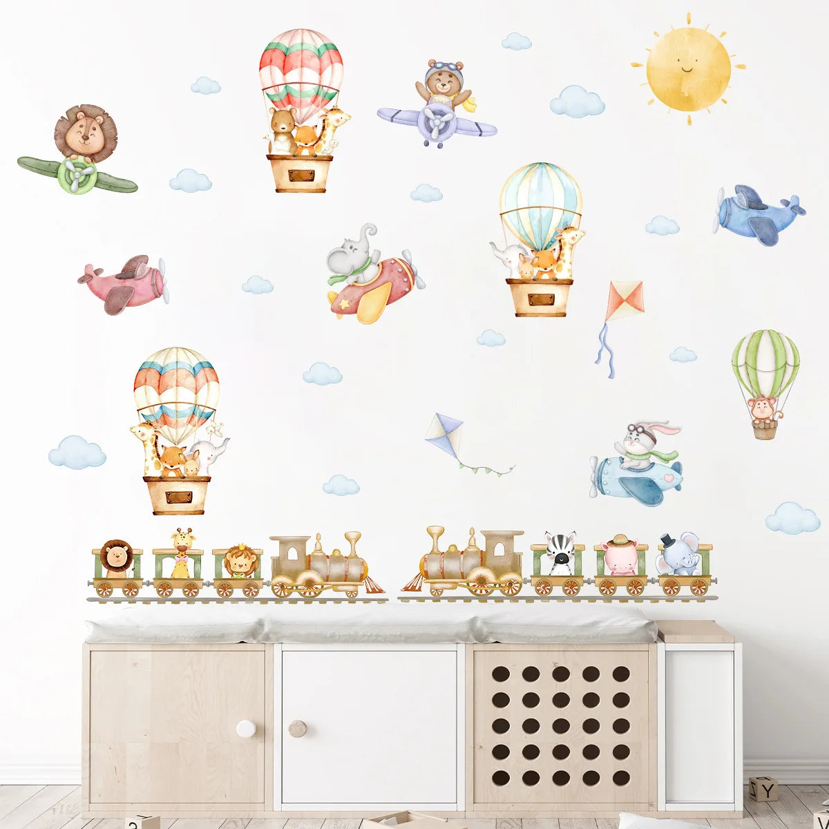 Children's Room Wall Stickers Cartoon Animals on Train Airplane Hot Air Balloon Wall Decals Baby Nursary Kindergarten Decoration-HomeDecorDecals_com