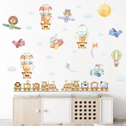 Children's Room Wall Stickers Cartoon Animals on Train Airplane Hot Air Balloon Wall Decals Baby Nursary Kindergarten Decoration-HomeDecorDecals_com