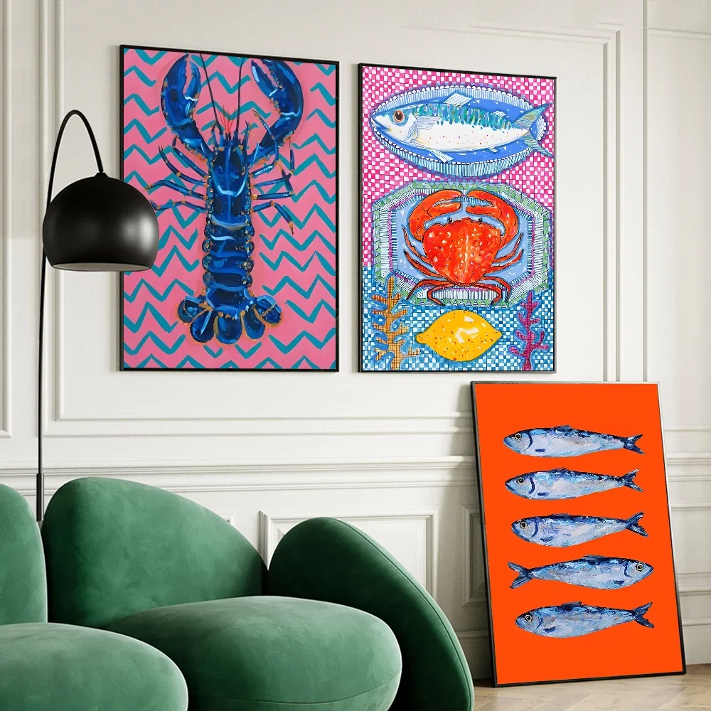 Colorful Sardine Lobster Fish Ocean Animal Self-adhesive Art Poster Retro Kraft Paper Sticker DIY Room Bar Cafe Stickers-HomeDecorDecals_com