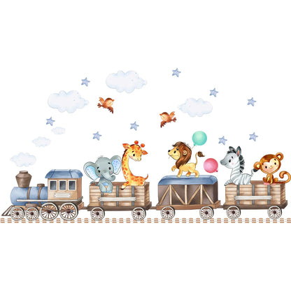 Cartoon Animals Riding On Small Trains Wall Stickers With Movable Stickers For Decorating Posters And Murals In Children's Roo-HomeDecorDecals_com