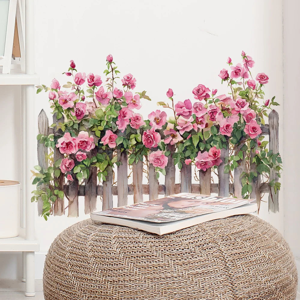 Close-up view of Pink Rose Fence Flowers Wall Decal | Home Decor by HomeDecorDecals.