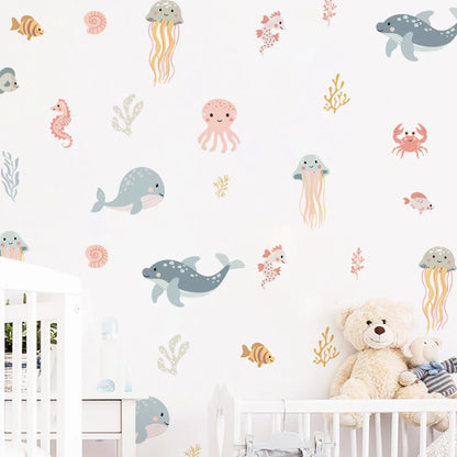 Watercolor Cartoon Ocean Fish Animal Wall Sticker Living Room Bedroom Sea Life Beach Landscape Wall Decal Home Decor-HomeDecorDecals_com