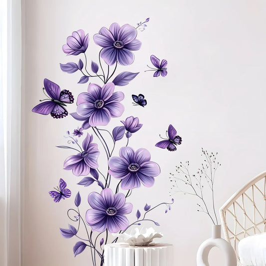 Purple Flowers and Butterfly Wall Decal | Home Decor removable peel and stick wall decal by HomeDecorDecals.