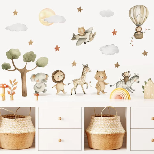 Safari Animals Hot Air Balloon Plane and Tree Wall Decal | Room Decor removable peel and stick wall decal by HomeDecorDecals.