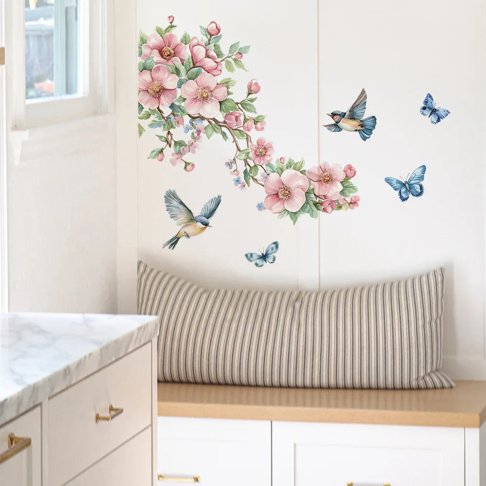 1PCS Watercolor Peach Tree Branches Leaves Bird Butterfly Bedroom Living Room Home Beautify Decorative Wall Stickers-HomeDecorDecals_com