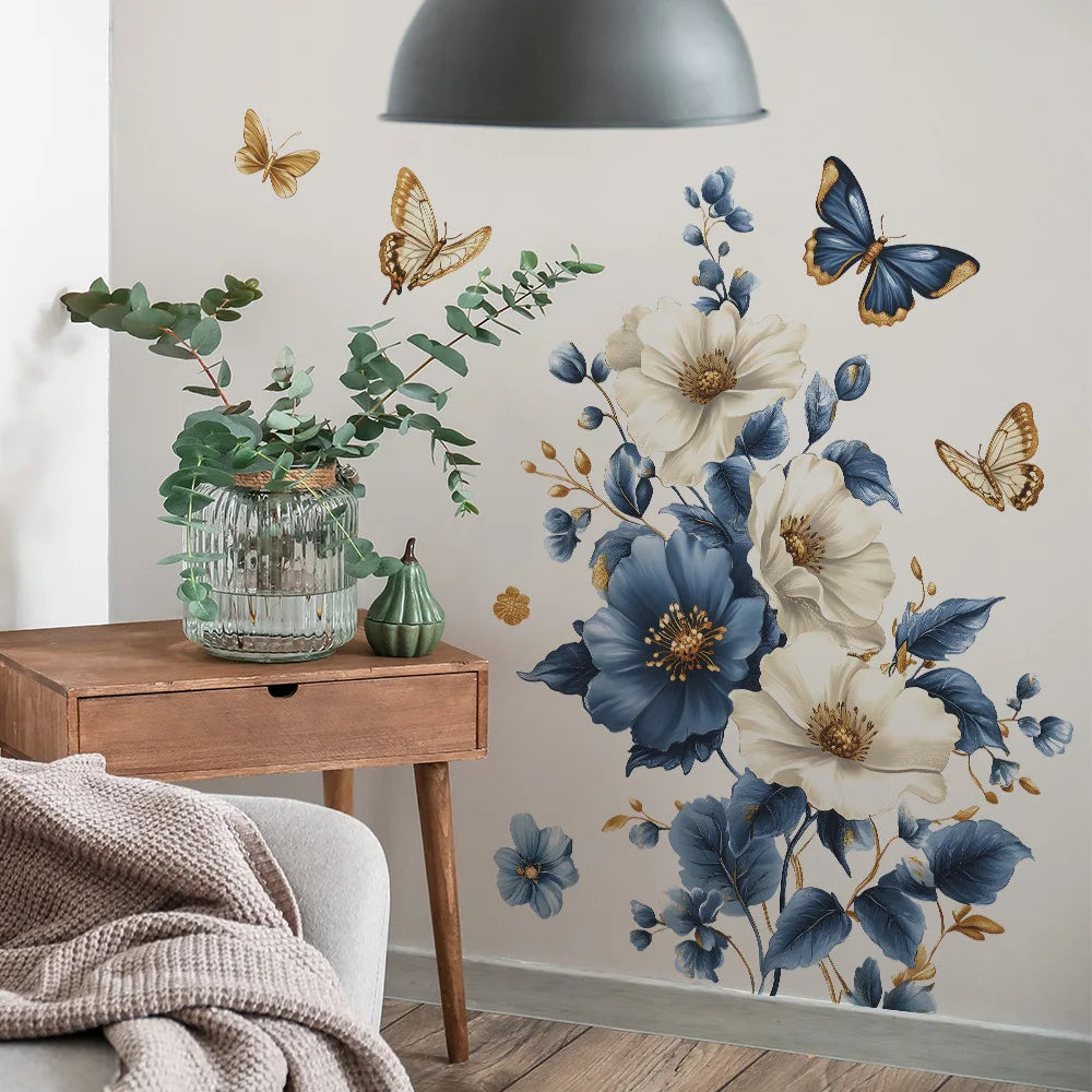 Simulated 3D Blue White Flowers Wall Decals Walls Vinyl Wall Art Decals Decor for Bedroom Living Room Decorations-HomeDecorDecals_com