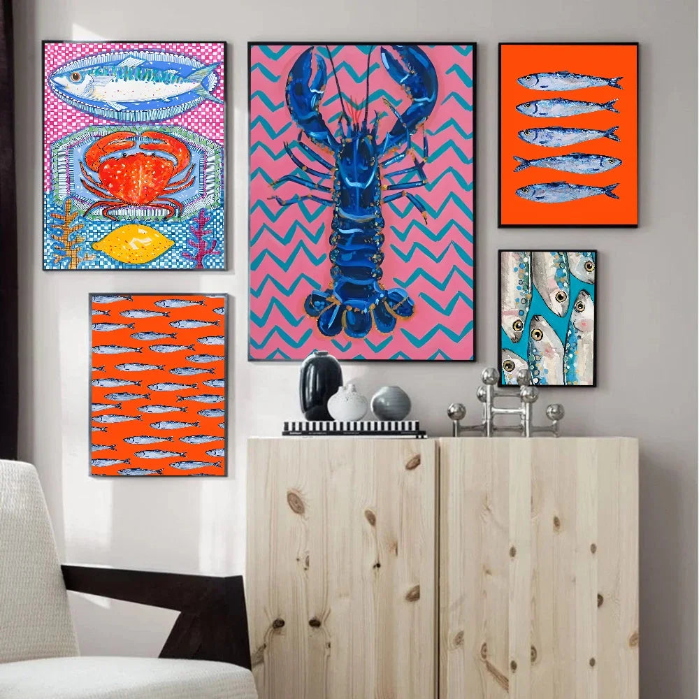 Colorful Sardine Lobster Fish Ocean Animal Self-adhesive Art Poster Retro Kraft Paper Sticker DIY Room Bar Cafe Stickers-HomeDecorDecals_com