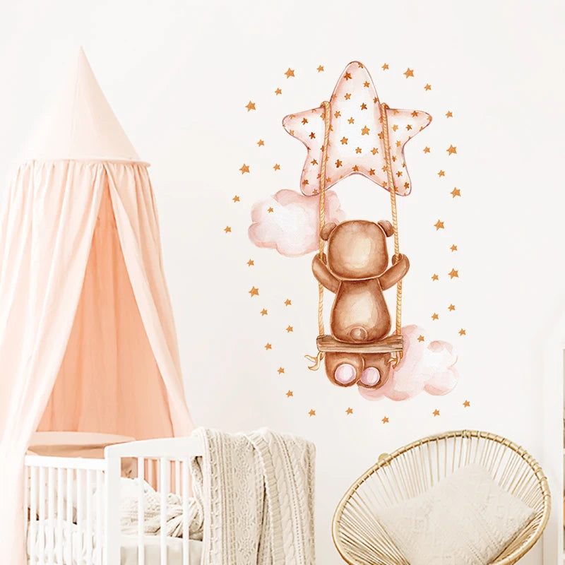 Cartoon Brown Bear Swing on the Moon Wall Stickers Baby Nursery Hand Paint Wall Decals Animals Decorative Stickers Home Decor-HomeDecorDecals_com