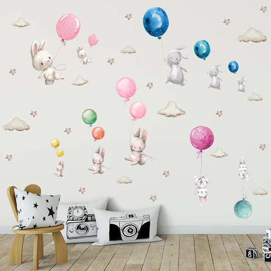 Cartoon Watercolor Bunnies Wall Stickers for Kids Room Colorful Balloons Animals Home Decor Friendly Rabbits Baby Bed Decoration-HomeDecorDecals_com