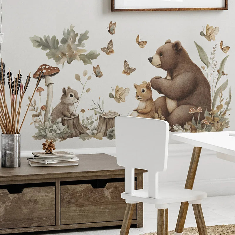 Close-up view of Bear Squirrel and Butterfly Wall Decal | Home Decor by HomeDecorDecals.