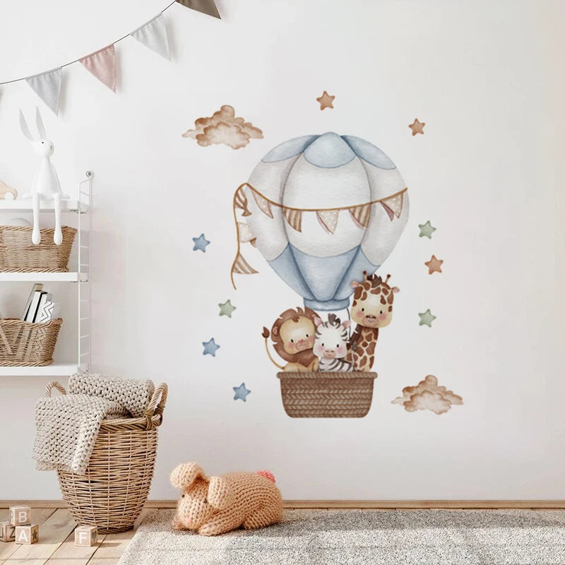Watercolour giraffe Hot Air Balloon Wall Stickers for Baby Nursery Room Decals Baby Girls Bears Cartoon Animals Kids Stickers-HomeDecorDecals_com