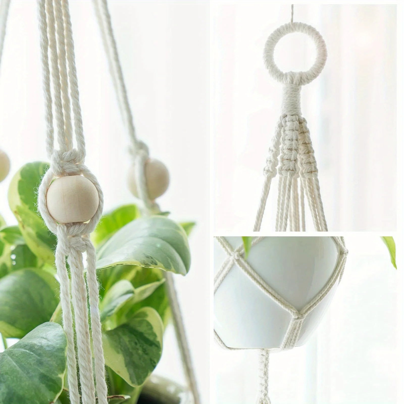 1pc, Macrame Double Plant Pendant Indoor Outdoor, 2 Tier/3Tier Hanging Planter Basket Cotton Rope With Beads 49 Inches/70 Inches-HomeDecorDecals_com