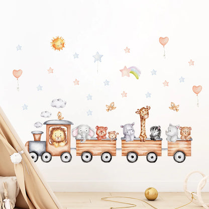 Children's Room Wall Stickers Cartoon Animals on Train Airplane Hot Air Balloon Wall Decals Baby Nursary Kindergarten Decoration-HomeDecorDecals_com